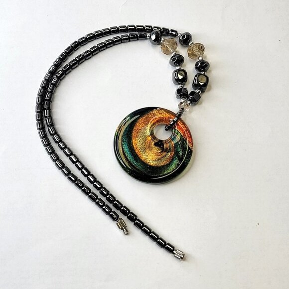 Hematite Necklace Murano Glass Rainbow Twirl Pendant - Picture 2 of 15